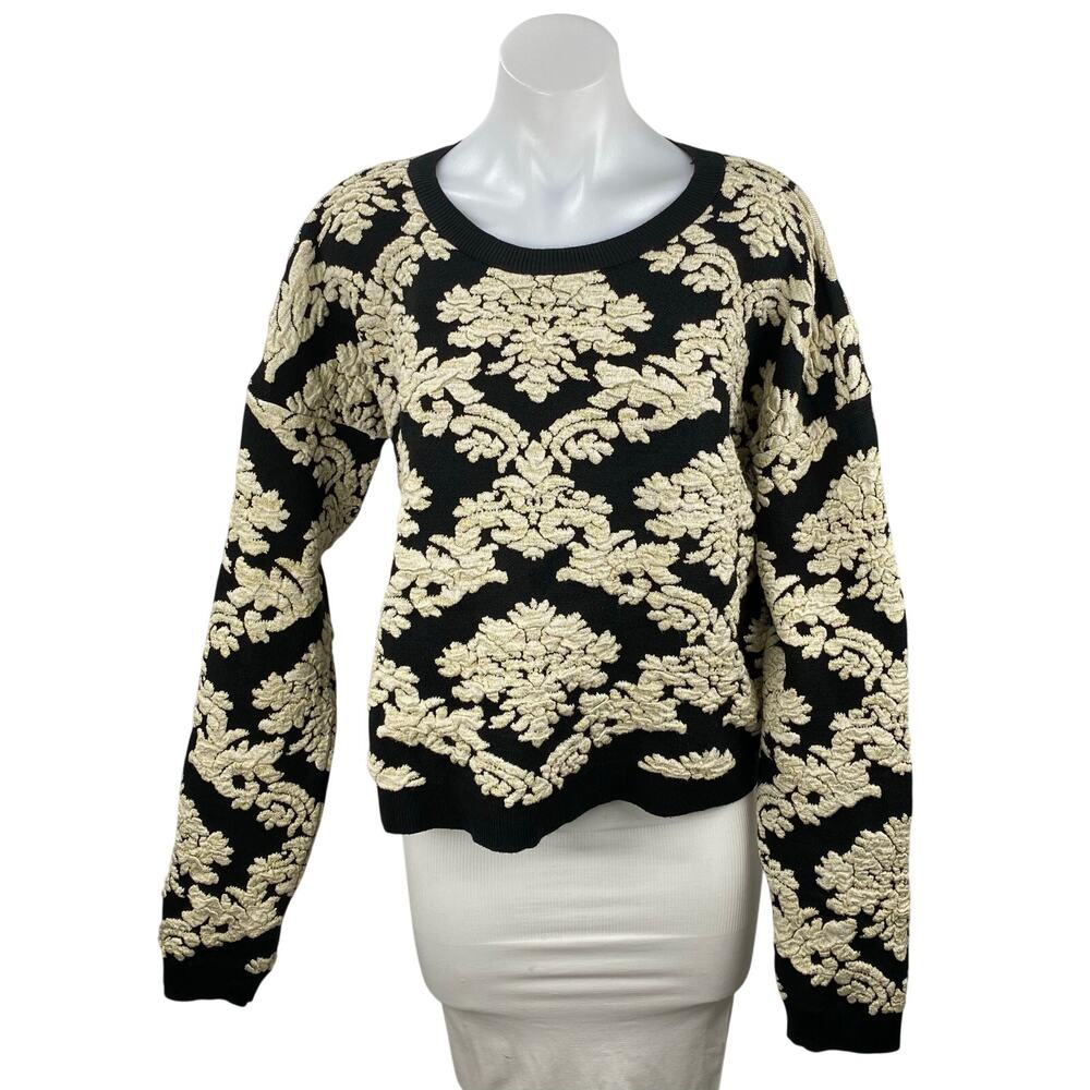 Pull & Bear Women's Black Cream Tapestry Floral Long Sleeve Knit Sweater Top XL